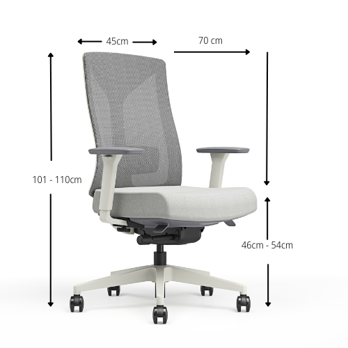 Angled side view Grey mesh ergonomic office chair illustrating the dimensions